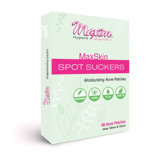 MaxSkin Spot Suckers moisturizing acne patches box, hypoallergenic invisible oil-free cruelty-free, 48 acne patches in 10mm and 12mm sizes.