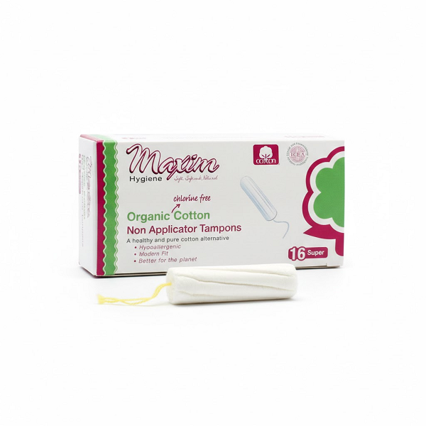 Maxim Hygiene organic cotton non-applicator tampons (16 super) box front view with a tampon in front, highlighting chlorine-free, hypoallergenic period protection and reduced-waste packaging.