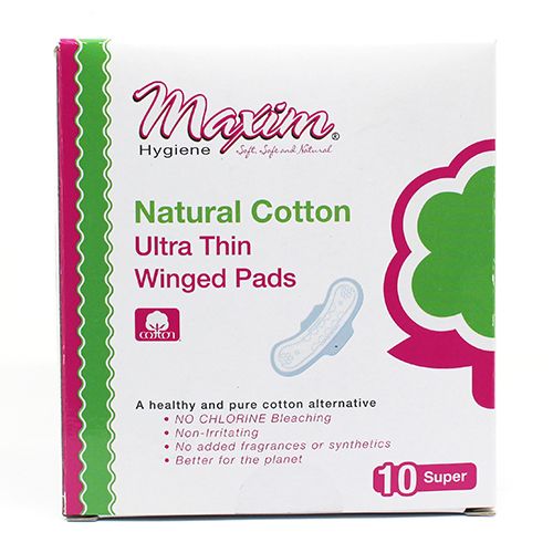 Front of a Maxim Hygiene box labeled “Natural Cotton Ultra Thin Winged Pads,” showing a small pad illustration and the size “10 Super” in the bottom right on a white background with green and pink accents.