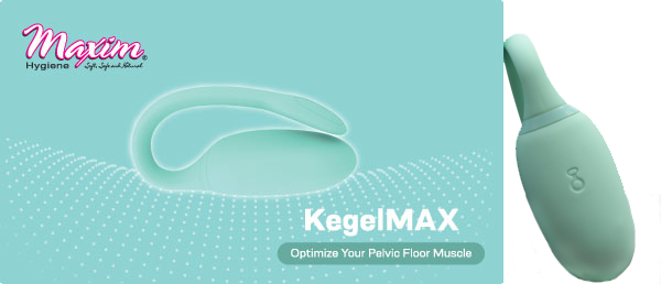 Maxim Hygiene KegelMAX pelvic floor exercise device promo graphic, showing mint-green kegel trainer and text ‘Optimize your pelvic floor muscle’ on teal background.