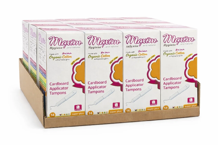 Maxim Hygiene organic cotton cardboard applicator tampons multipack case (super plus, 14-count boxes) in a cardboard display tray on a white background.