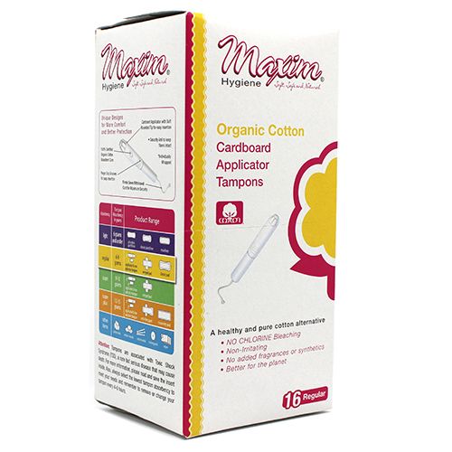 Maxim Hygiene organic cotton cardboard applicator tampons box, 16 regular, showing product range and absorbency chart on the side panel.