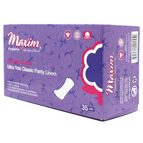 Maxim Organic Cotton ultra thin classic panty liners box (35 count, lite) in purple packaging, angled view showing front and side panels on a white background.