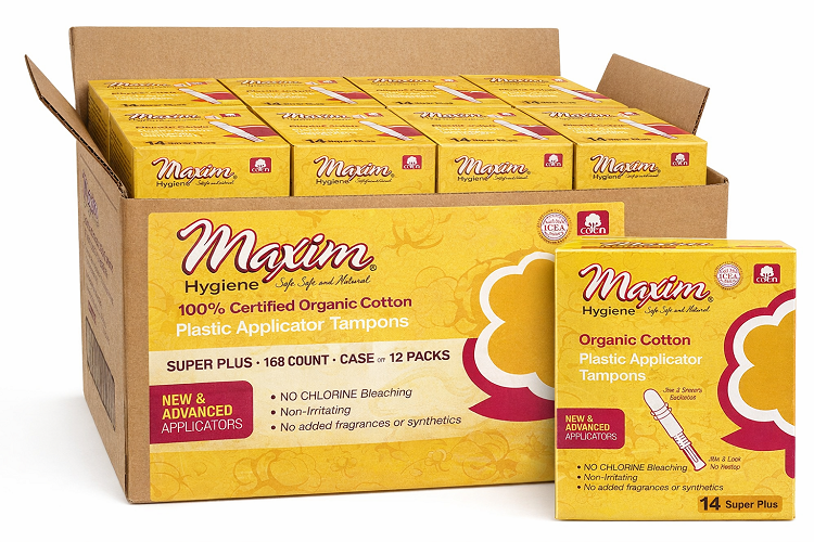 Maxim 100% certified organic cotton plastic applicator tampons case (Super Plus, 168 count, 12 packs) with a 14-count box shown, featuring new & advanced applicators, no chlorine bleaching, non-irritating, and no added fragrances or synthetics.