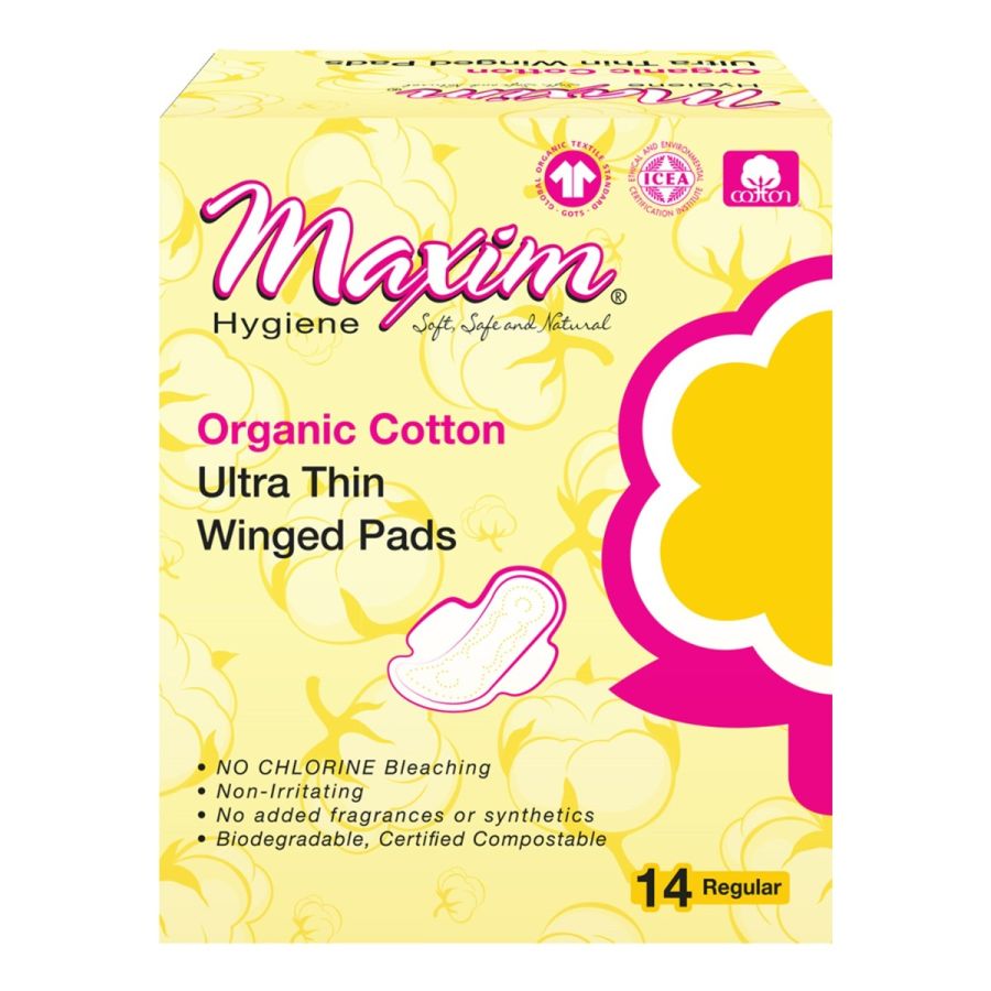 Box of Maxim Hygiene Organic Cotton Ultra Thin Winged Pads, 14 Regular count. Prominently features key benefits: soft, safe, natural, with no chlorine bleaching, non-irritating, no added fragrances or synthetics, and certified biodegradable and compostabl