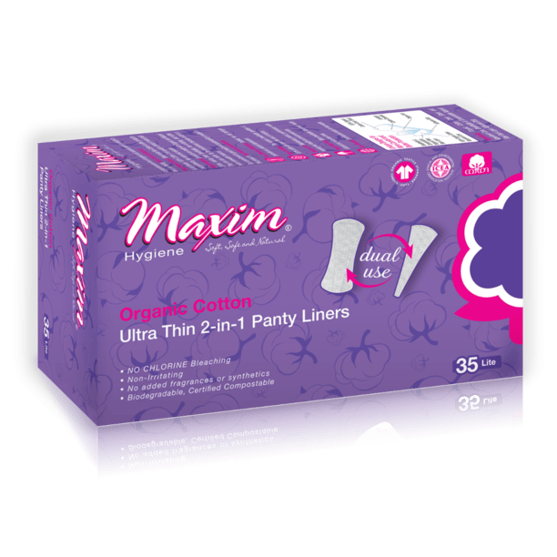Purple Maxim Hygiene product box for “Organic Cotton Ultra Thin 2-in-1 Panty Liners,” shown at an angle with cotton-pattern graphics, certification icons, a “dual use” liner illustration, and “35 Lite” marked on the front.