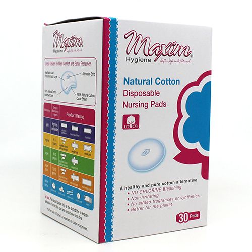 Maxim Hygiene Natural Cotton Disposable Nursing Pads box (30 pads), shown at an angle with ‘no chlorine bleaching’ and ‘non-irritating’ claims, plus a side panel product-range chart.