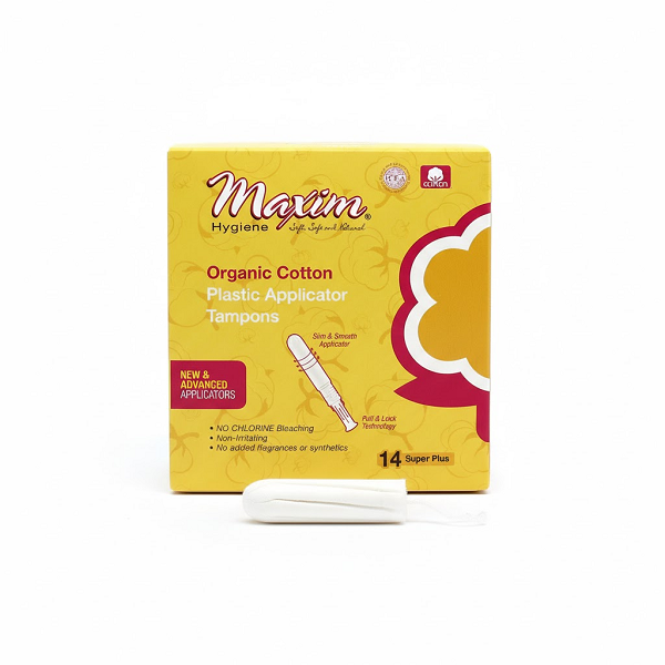 Maxim Hygiene organic cotton plastic applicator tampons (14 super plus) in yellow box packaging with “new & advanced applicators,” chlorine-free and non-irritating, shown with a tampon in front for fragrance-free period protection.