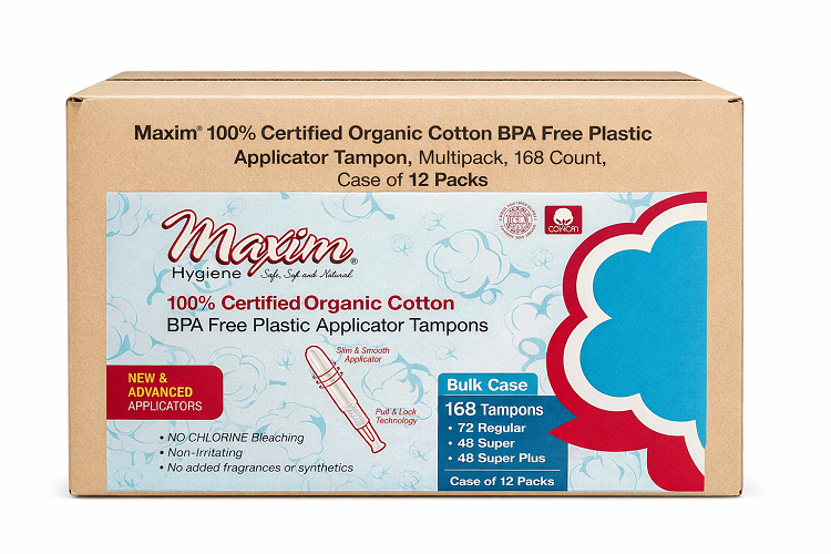 Maxim 100% certified organic cotton BPA-free plastic applicator tampons bulk case (168 count) multipack box with blue label, new & advanced applicators, chlorine-free and non-irritating.