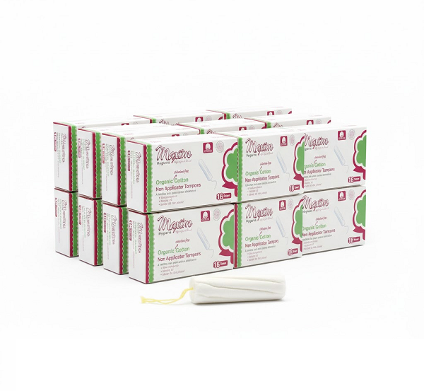 Bulk pack of Maxim Hygiene organic cotton non-applicator tampons (16 super) with multiple boxes stacked and a tampon in front, highlighting chlorine-free, hypoallergenic period protection and reduced-waste packaging.