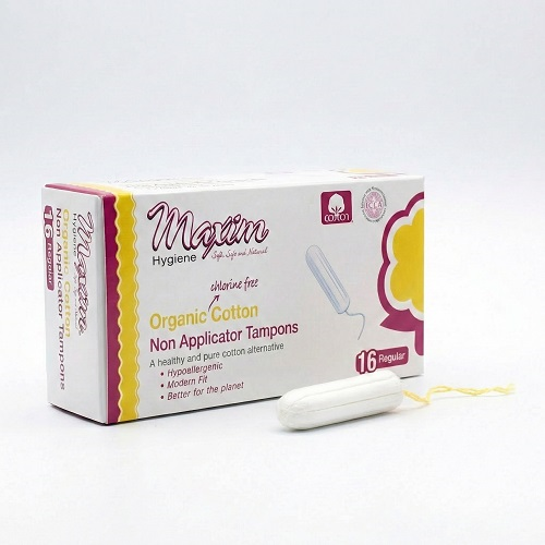 Maxim Hygiene organic cotton non-applicator tampons (16 regular) box shown with a tampon in front, highlighting chlorine-free, hypoallergenic cotton for a modern, eco-friendly period protection option.