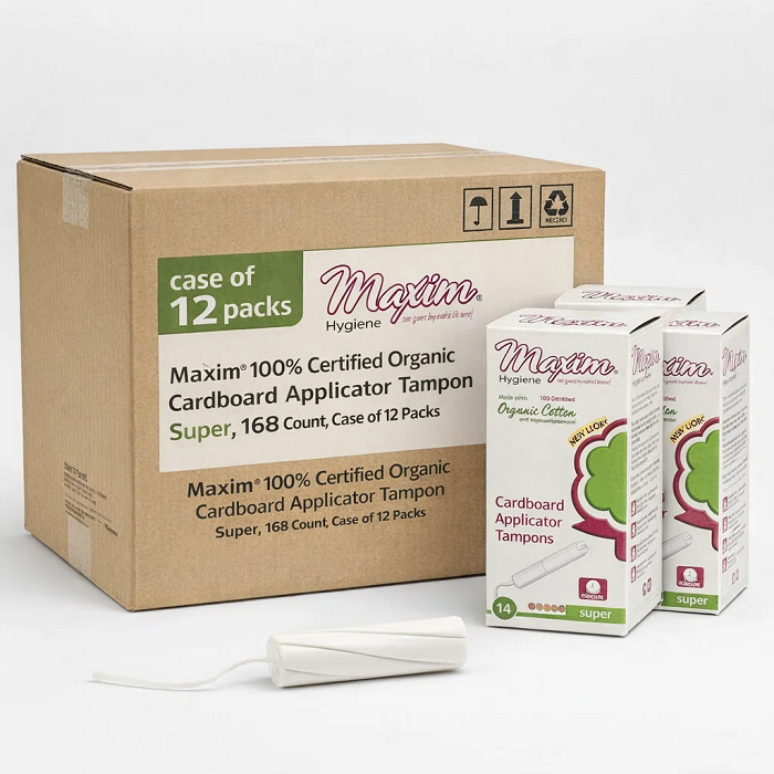 Case of 12 packs of Maxim 100% certified organic cardboard applicator tampons (super), shown with individual boxes (14 count) and a tampon, bulk period care supply.