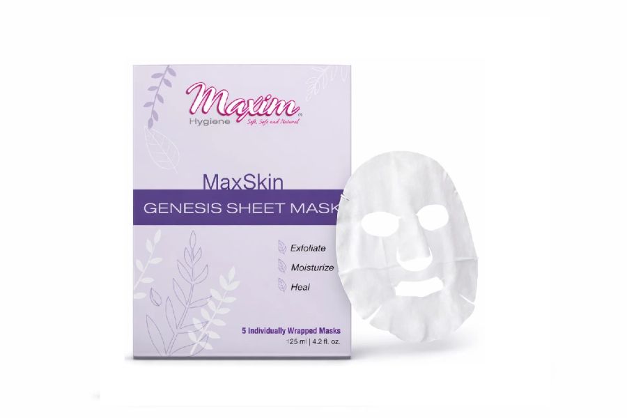 MaxSkin Genesis Sheet Mask box with unfolded white facial sheet mask, exfoliating and moisturizing skincare treatment, 5 individually wrapped masks.