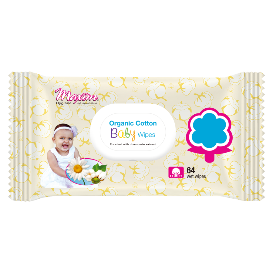 Pack of Maxim Organic Cotton Baby Wipes with a yellow cotton-pattern design, a baby photo on the left, a blue flower graphic on the right, and a flip-top lid labeled ‘Organic Cotton Baby Wipes’ (64 wipes).