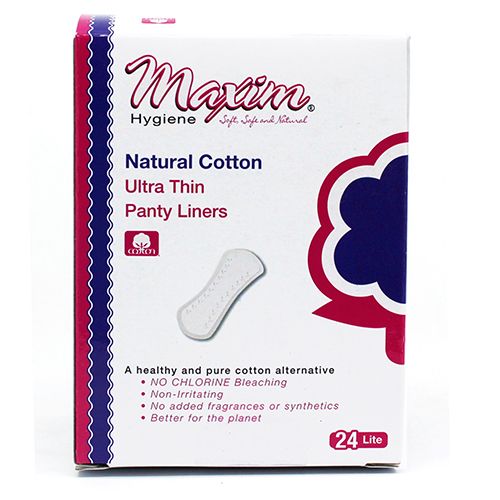 Front of a Maxim Hygiene box labeled “Natural Cotton Ultra Thin Panty Liners,” showing a small liner illustration, a blue-and-red flower graphic on the right, and “24 Lite” in the bottom corner.