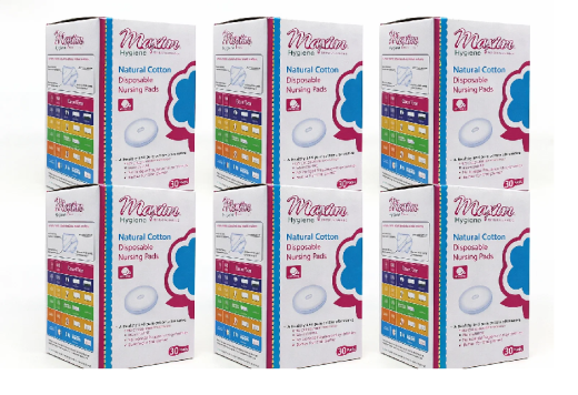 Six Maxim Hygiene Natural Cotton Disposable Nursing Pads boxes (30 pads each) arranged in two rows of three on a white background, showing the front and side panels with a blue flower graphic and product range chart.