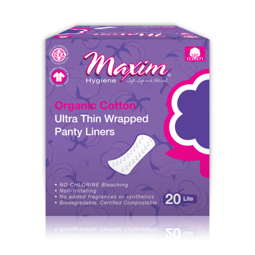 Maxim Hygiene organic cotton ultra thin wrapped panty liners (20 lite) in purple box packaging, featuring chlorine-free, non-irritating, fragrance-free liners that are biodegradable and certified compostable.