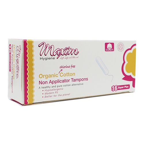Maxim Hygiene organic cotton non-applicator tampons (16 super plus) box front view, highlighting chlorine-free, hypoallergenic cotton for a modern, eco-friendly period protection option.