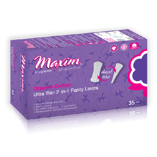 Purple Maxim Hygiene product box for “Organic Cotton Ultra Thin 2-in-1 Panty Liners,” shown at an angle with cotton-pattern graphics, certification icons, a “dual use” liner illustration, and “35 Lite” marked on the front.