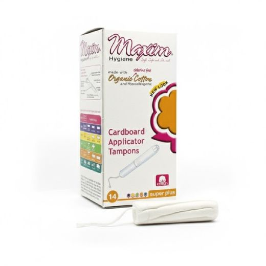 Maxim Hygiene organic cotton cardboard applicator tampons (14 super plus) shown with “new look” box packaging and an unwrapped tampon on a white background, highlighting chlorine-free, hypoallergenic period protection.