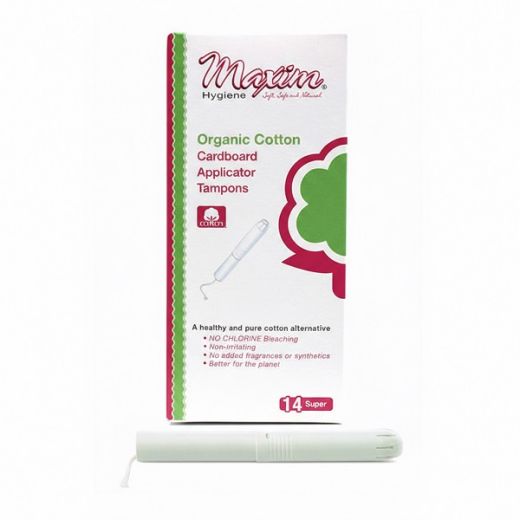 Maxim Hygiene organic cotton cardboard applicator tampons (14 super) with product box and applicator shown; chlorine-free, non-irritating, and free from added fragrances or synthetics for a healthier period care option.